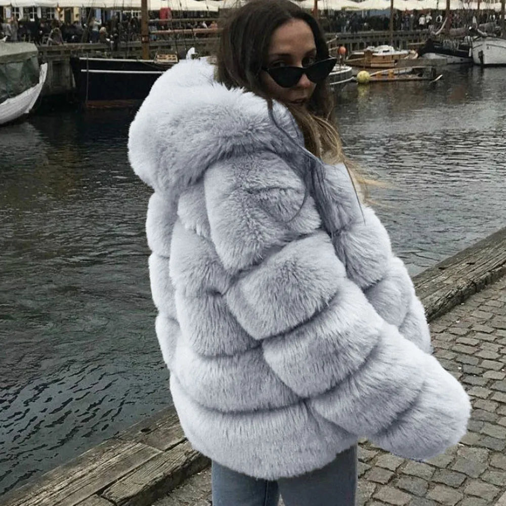 Women Faux Rabbit Fur Coats Hooded Fur Jackets Solid Long Sleeves Open Stitch Thick Warm Fur Loose Fit Casual 2025 Autumn Winter