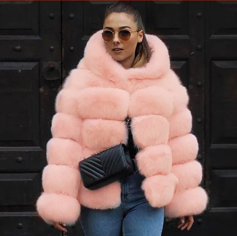 Women Faux Rabbit Fur Coats Hooded Fur Jackets Solid Long Sleeves Open Stitch Thick Warm Fur Loose Fit Casual 2025 Autumn Winter