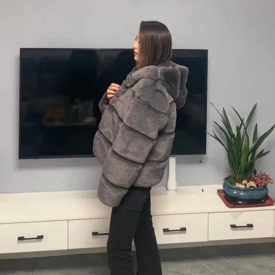 Women Faux Rabbit Fur Coats Hooded Fur Jackets Solid Long Sleeves Open Stitch Thick Warm Fur Loose Fit Casual 2025 Autumn Winter