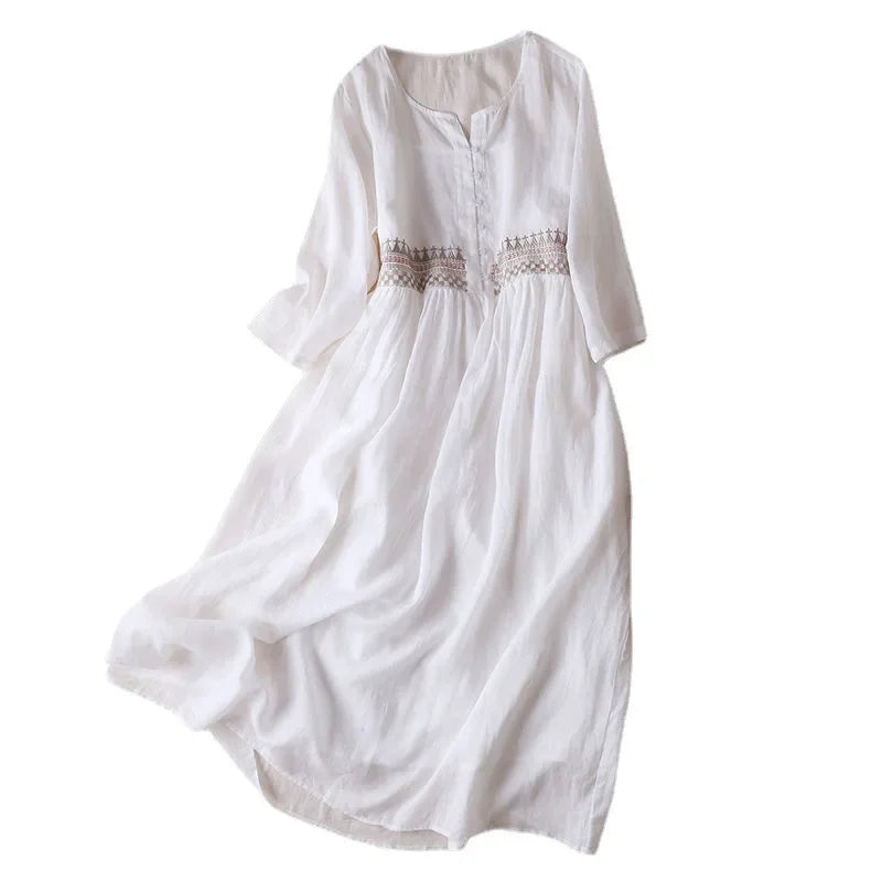 Ethnic Style Embroidery Retro Summer Dress Fashion Literary Round Neck Nine-minute Sleeve Medium Length Vintage Dress for Women