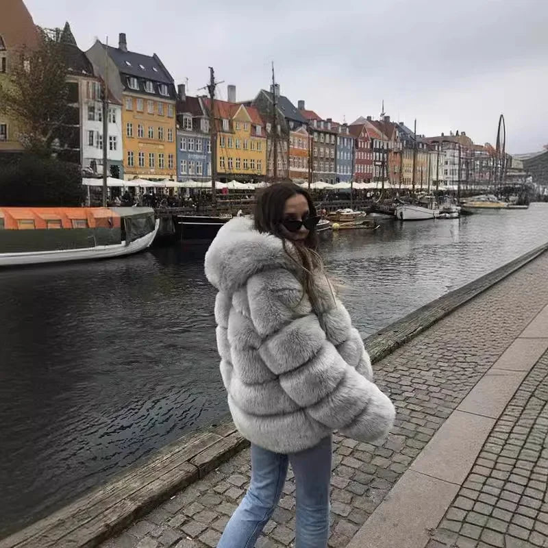 Women Faux Rabbit Fur Coats Hooded Fur Jackets Solid Long Sleeves Open Stitch Thick Warm Fur Loose Fit Casual 2025 Autumn Winter