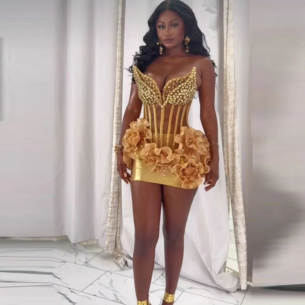 Gold Short Cocktail Dresses With Beads Ruffles Exposed Boning Corset Back Sexy Prom Dress African Women Celebrity Party Gowns