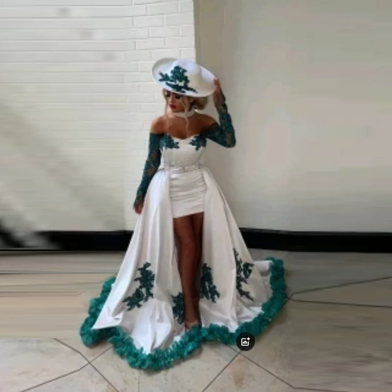 Off-Shoulder Prom Dress with Lace Appliques New Design Party Gowns with Detachable Long Overskirt Full Sleeves for Women