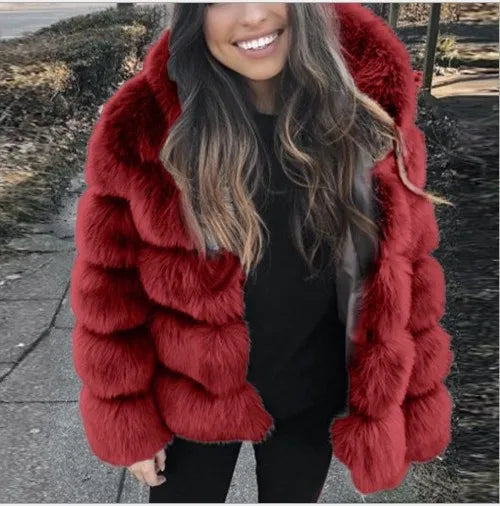 Women Faux Rabbit Fur Coats Hooded Fur Jackets Solid Long Sleeves Open Stitch Thick Warm Fur Loose Fit Casual 2025 Autumn Winter