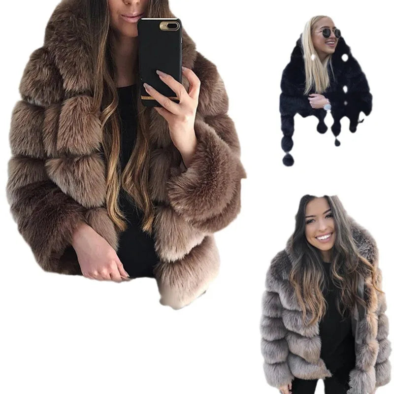 Women Faux Rabbit Fur Coats Hooded Fur Jackets Solid Long Sleeves Open Stitch Thick Warm Fur Loose Fit Casual 2025 Autumn Winter