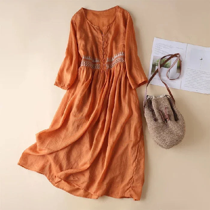 Ethnic Style Embroidery Retro Summer Dress Fashion Literary Round Neck Nine-minute Sleeve Medium Length Vintage Dress for Women