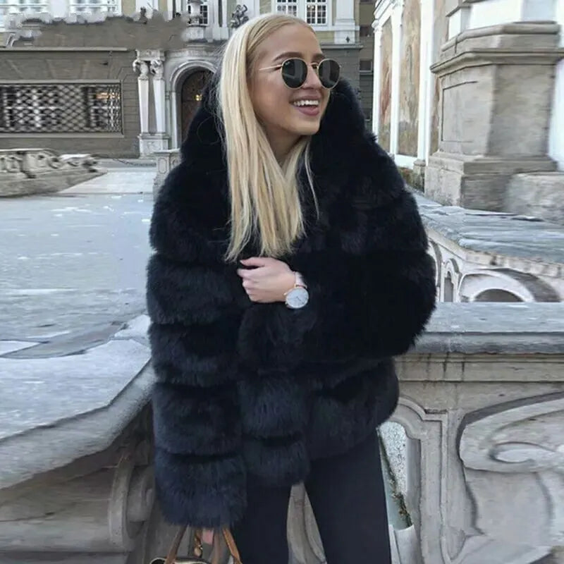 Women Faux Rabbit Fur Coats Hooded Fur Jackets Solid Long Sleeves Open Stitch Thick Warm Fur Loose Fit Casual 2025 Autumn Winter